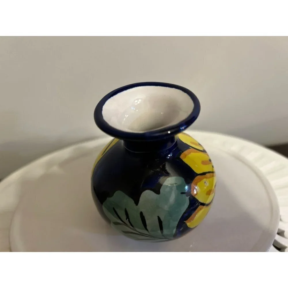 Talavera Bud Vase Mexican Pottery Blue Vase with Sunflowers 4
